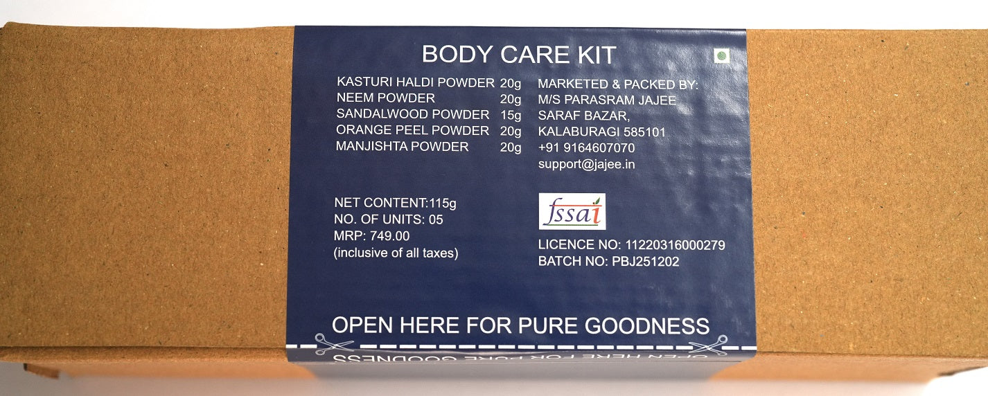 Pure by Jajee Body Care Kit featuring 5 individual jars of pure Kasturi Haldi, Neem, Sandalwood, Orange Peel, and Manjistha powders for Ayurvedic skincare.