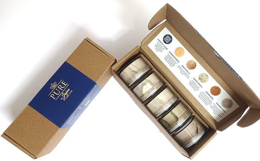 Pure by Jajee Men's Wellness Kit featuring 5 jars of raw Ayurvedic powders: Ashwagandha, Gokshura, Safed Musli, Kaunch Beej, and Bhui Kohla for natural vitality and strength.