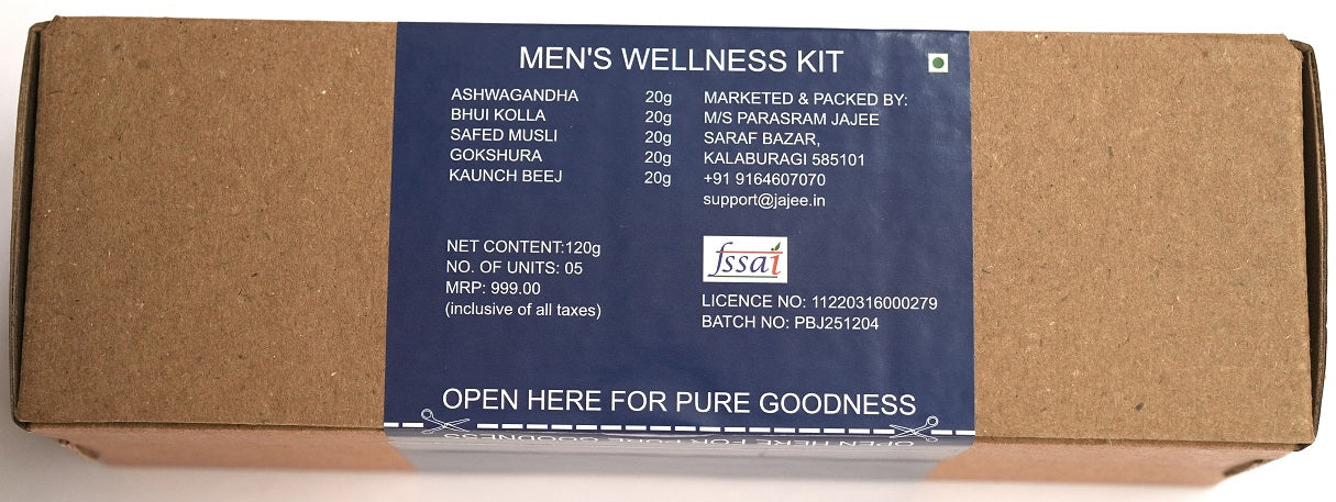 Pure by Jajee Men's Wellness Kit featuring 5 jars of raw Ayurvedic powders: Ashwagandha, Gokshura, Safed Musli, Kaunch Beej, and Bhui Kohla for natural vitality and strength.