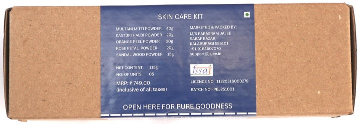 Pure by Jajee Body Care Kit featuring 5 individual jars of Ayurvedic powders: Multani Mitti, Kasturi Haldi, Rose, Orange Peel, and Sandalwood