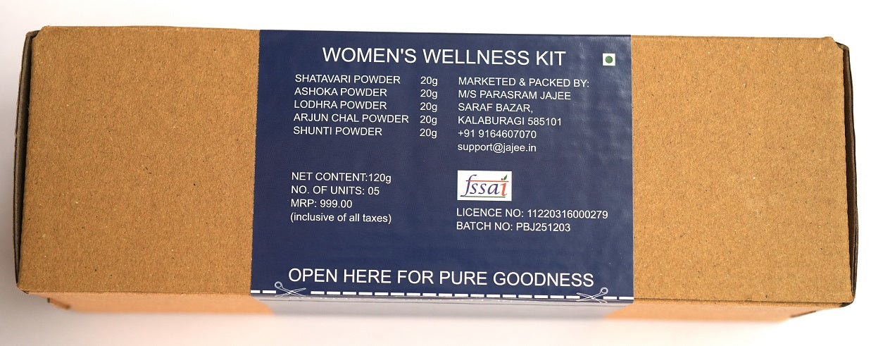 Pure by Jajee Women's Wellness Kit featuring 5 jars of raw Ayurvedic powders: Shatavari, Ashoka, Lodhra, Arjun Chal, and Shunti for natural hormonal balance and cycle regularity.